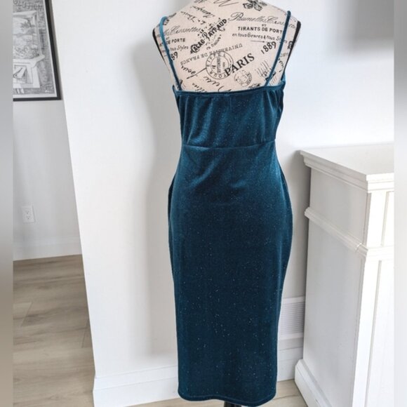 RACHEL ZOE | Women's Teal Blue Sparkly Velvet Spaghetti Strapped Midi Dress - Picture 5 of 5